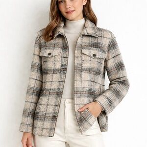 Joie Plaid Wool Blend Jacket Coat Zip Front Neutral Check Size Small